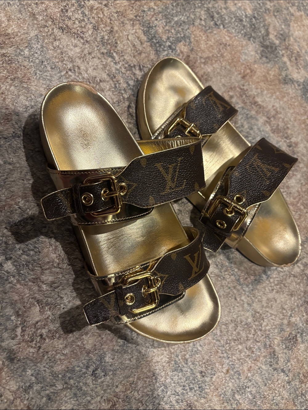 Louis Vuitton Brown Monogram & Gold Buckle Slide Sandals - Picture 2 of 6